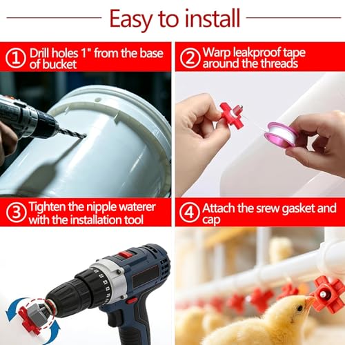 12 Pcs Horizontal Chicken Waterer Nipples with Drill Bits, Leakproof Poultry Watering System for Chicken Coop, Durable ABS Plastic & Stainless Steel, Water Saving Design for Outdoor Use