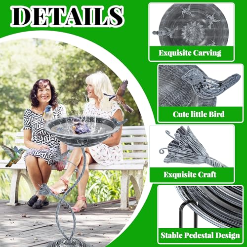 Bird Bath Garden for Outside, Vintage Metal Birdbaths Bowl with Roman Pedestal for Outdoors, Standing Bird Bath Bowl Birdfeeder for Yard Lawn Decor (Vintage Silver - Hummingbird) - color: Vintage Silver - Hummingbird