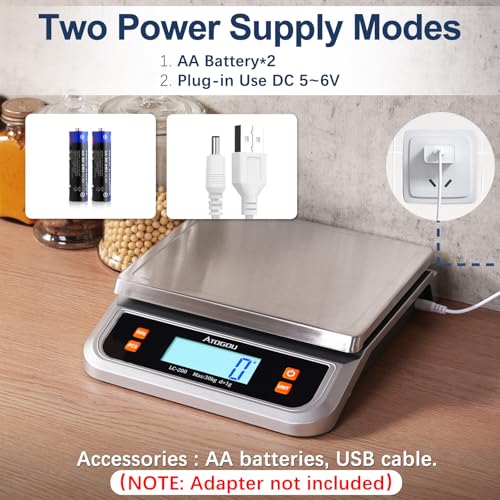 Atogou 66lb Food Scale, Commercial Kitchen Scale Plug-in Usable | Full View LCD Display, Stainless Steel, for Baking, Bread, Cooking, Meat, Vegetables, Farm, Industry LC200 Silver - size: Silver 66 lb (30 kg)