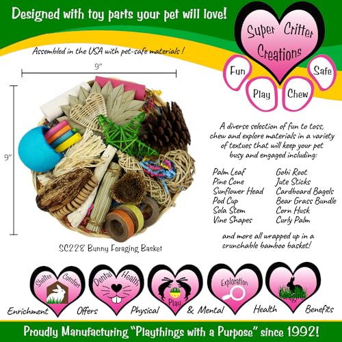 Super Bird Creations SC228 Bunny Foraging Basket - Toss & Chewable Bamboo Plate w/ 25 Engaging Toys - Ideal for Rabbits Hamsters Cockatiel Parrot - Bundle Toys for Medium Birds & Small Animals, 9"x9"