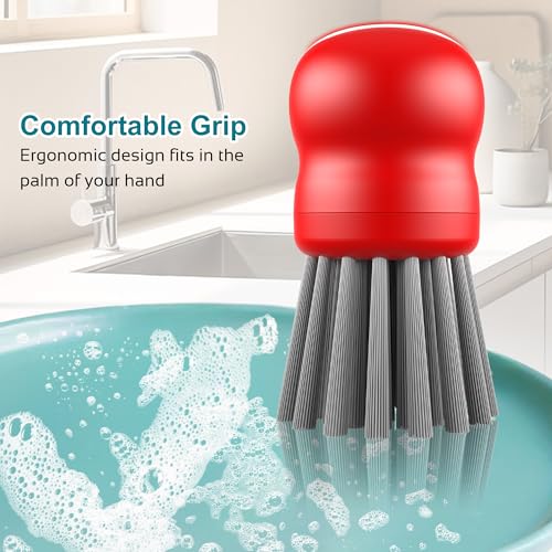 Mini Dish Brush for Cleaning Chicken Shredder, Long Bristles, 1Pack, Red | Palm Brush Dish Scrubber with Ergonomic Grip, Long-lasting Nylon Bristles, Kitchen Brush for Washing Dishes, Pans, Pots, Sink - color: Red