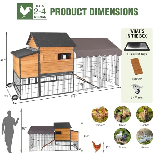 GUTINNEEN 85.6" Large Chicken Coop with Run for 6-8 Chickens, Heavy Duty Chicken Tractor with Wheels, Wooden Chicken House with Reinforced Steel Frame, Nesting Box & Pull-Out Metal Tray - color: (Brown-AIR7006)