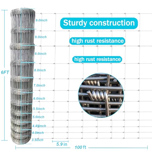 Farm Fence 6ft x 100ft Heavy Zinc Coating Field Wire Fencing, Galvanized Livestock Deer,Goat Fence,Hog Wire Fencing Used to Yard and Garden - size: 72inX100ft