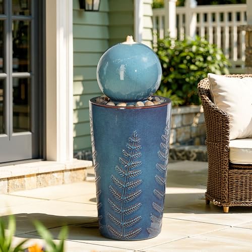 Autodaya 30" Sphere Outdoor Water Fountain, Teal Blue Ceramic Glaze | Modern Nature-Inspired Design with Leaf Patterns & Pebbles, Soothing Trickling Water Feature for Patio, Yard, Garden, Porch - color: 29.5"h-sphere Teal Blue Glaze