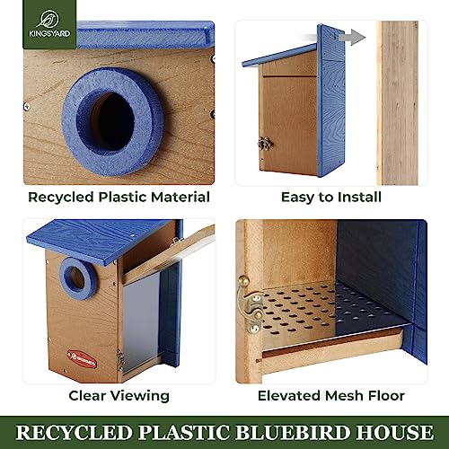 Kingyard Bluebird House, Outdoor Bird House with Predator Guard | Recycled poly lumber nesting box with a 1.5-inch entrance hole, clear viewing panel, bottom ventilation holes