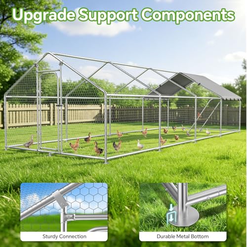Large Metal Chicken Run for Yard with Cover, Heavy-Duty Chicken Coop Pen | 26.2 x 9.8 x 6.4 FT Extra-large Outdoor Walk-in Chicken Run Enclosure for 20-30 Chickens, Outdoor Duck House & Rabbit Cage - size: 315.0"L x 118.1"W x 78.0"H