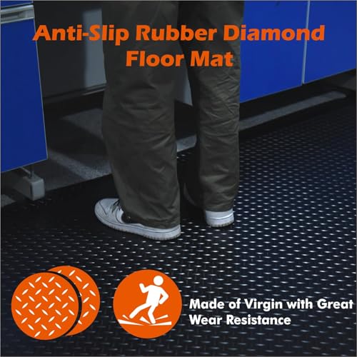 Anti-Slip Rubber Diamond Floor Mat - Durable, Non-Skid, Waterproof Floor Protection for Home, Gym, Garage, and Vehicles - 2.5 mm x 4 ft x 10 ft Rolls - Black (4x10 FT) - size: 118"L x 47.2"W x 0.1"Th