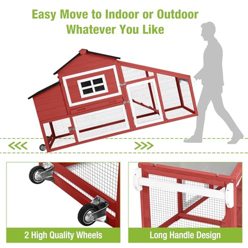 GUTINNEEN Chicken Coop Mobile Chicken House On Wheel Outdoor Rabbit Hutch for 2-4 Chickens 67"(Red) - color: Red