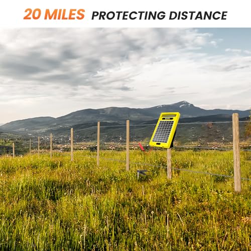 24-Hour Solar Electric Fence Charger, 0.32J, 20-Mile for Livestock | Portable All-in-One Energizer, 5700-10200V Pulse Output, 24/7 Solar Charging, Weatherproof, Deters Predators - color: Yellow