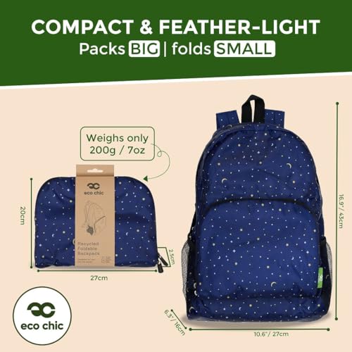 ECO CHIC Hiking Lightweight Packable Backpack - Foldable Daypack for Travel & Hiking & Outdoor Adventures - Waterproof Backpack from Recycled Materials (Stars and Moons Navy) - color: Stars and Moons Navy