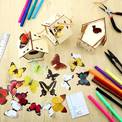 Outus 24 Pcs Wooden DIY Birdhouse Kits for Kids to Build, 4 Shapes Birdhouse Kit Wooden Unfinished with Butterfly Sticker for Boy Girl Arts Crafts(Vintage) - style: Vintage