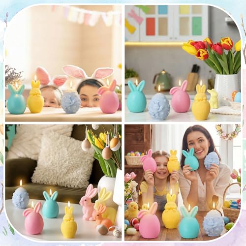 4 Pcs Easter Candles Easter Bunny Egg Votive Candles 4''x2'' Spring Pastel Real Wax Smokeless Flower Fruit Scented Tealights Drip-Free Rabbit Gift for Home Table Centerpiece Party Decor