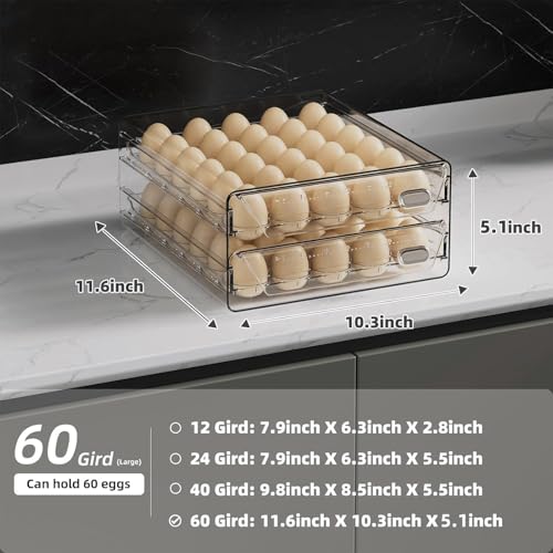 HIYOHIYO Clear 60 Grid Egg Organizer for Refrigerator with Drawers, 2-Tier | Large Capacity with Time Scale Marking | Sturdy Egg Storage for Fridge | Stackable Eggs Container for Fridge and Countertop - size: 60 Grids-2 Layer