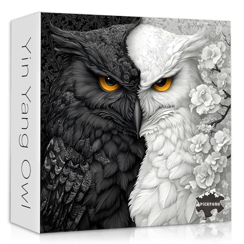 Yin Yang Owl Puzzle for Adults 1000 Pieces，Black and White Puzzles Owl Flowers, Impossible Difficult Hard Bird Jigsaw Puzzle, Animal Floral Art Challenge Puzzle Aesthetic - style: PT-986-Yin Yang Owl Puzzle