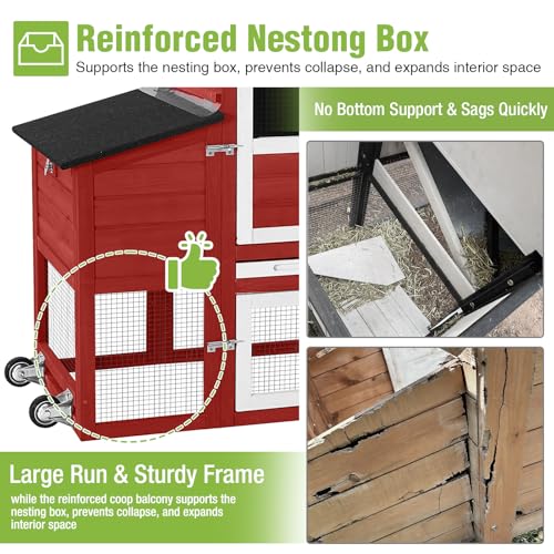 GUTINNEEN Mobile Chicken Coop for 2-4 Chickens with Wheels, Expandable Large Hen House with Run, UV-Protected Roof, Divided Nesting Boxes, Easy One-Person Move, Red - color: Red, size: 65.2"L x 26.4"W x 47.6"H