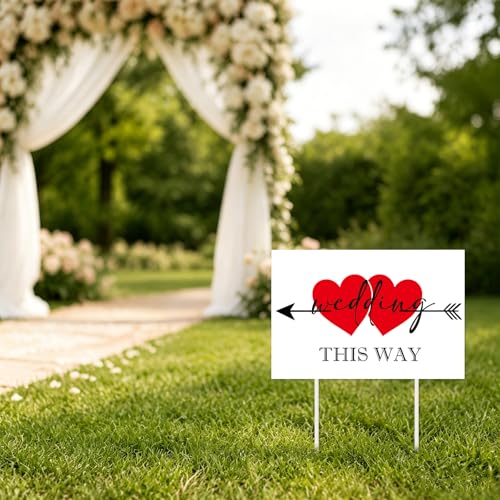 Rngmsi 3PCS Wedding This Way Sign, 17” X 11” Inch Double Sided Wedding Direction Arrow Signs with 6 Metal Stakes for Wed Ceremony and Reception Indoor Outdoor Decor - color: Wedding