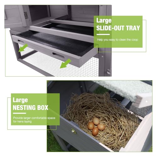 GUTINNEEN Chicken Coop with Wheels Mobile Outdoor Hen House Weatherproof Duck Cage with Large Nesting Box, Leak-Proof Tray, UV-Resistant Roof for 2-4 Chickens (Grey) - color: Grey
