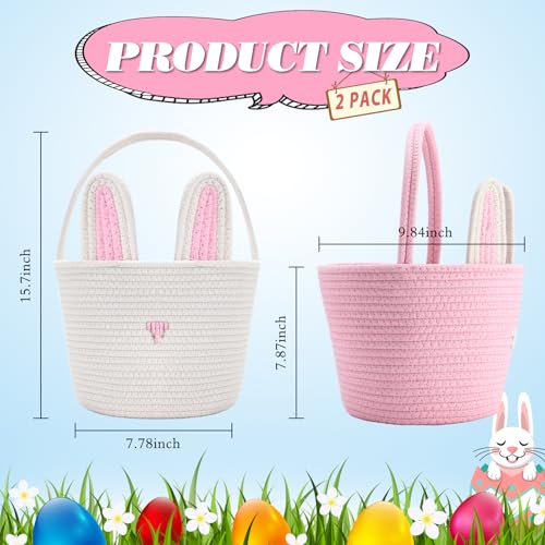 Colingmill 2 Pieces Easter Bunny Basket with Handle Woven Empty Rabbit Basket for Easter Egg Hunt Cute Candy Gifts Storage Party Favors Supplies(White, Pink) - color: White, Pink