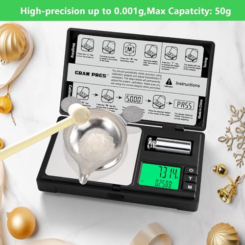 GRAM PRES High Precision Milligram Scale, Digital Mini Pocket Gram Scale | 50g/0.001g Mg Scale for Weighing Powders,Jewelry, Medicine, Gem, Reloading, with Cal Weight, Tweezer ，Tray and Scoop - color: Black