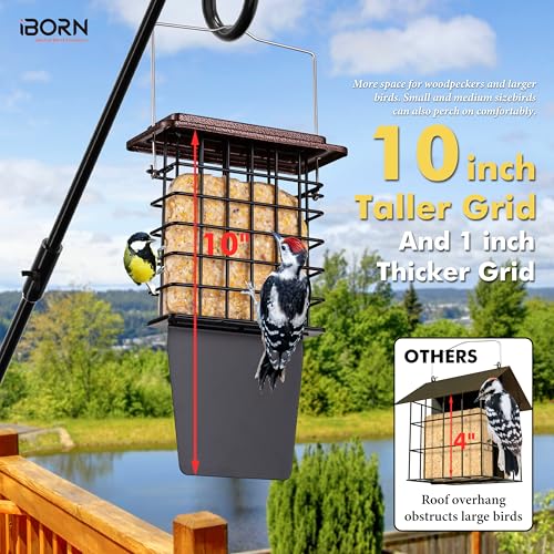 iBorn Suet Feeder with Tail Prop,Woodpecker Feeder,Suet Feeders for Outside Hanging,Suet Bird Feeders for Outdoors,Heavy-Duty Suet Cage,Suet Holder,Rainproof Roof,Easy Clean and Refill,1 Pack,Coffee - color: Coffee, size: Single Capacity