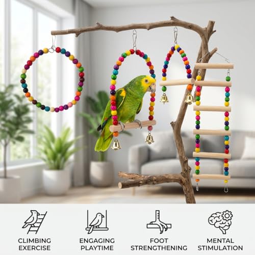 4 Piece Bird Ladder, Budgie Toys for Small to Medium Birds, Parakeet Cage Accessories Set, Natural Wood Bird Climbing Toys for Cage Environment Enrichment and Physical Activity