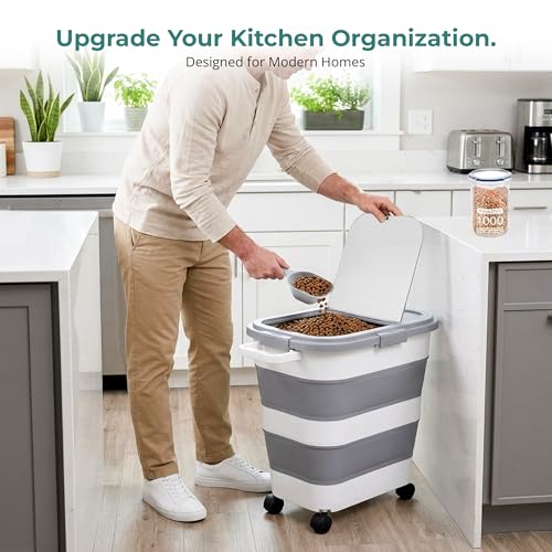 Home & Hearthly Collapsible Rice Storage Container 25–35 lbs, Airtight, Space-Saving Food Storage Bin with Wheels and Measuring Cup, Easy-Pour Grain Dispenser for Rice, Flour and Pet Food