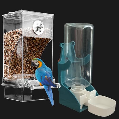 No Mess Bird Feeder Water Dispenser Set Acrylic Automatic Parrot Feeder | Transparent Parrot Food Container Drinker Cage Accessories for Small Birds Canary Finch (Dark green, 1) - color: Dark green