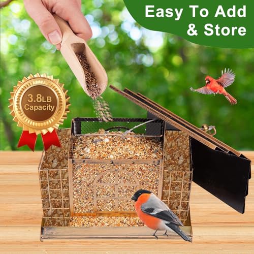 Bird Feeder for Outdoors, Metal Bird Feeder Hanging, 3.8LB Large Capacity with Double Suet Cages, Rainproof Roof, Attracts Cardinals, Finches, Blue Jays, for Backyard & Garden