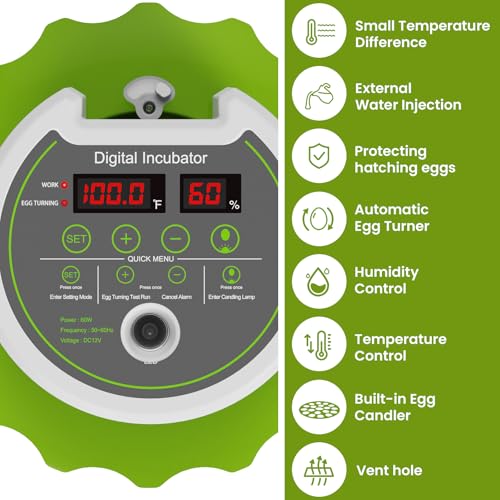 18-Egg Incubator with Automatic Egg Turning & Humidity Control, HD Panoramic View, Built-in Candler for Hatching Chicken, Duck, Quail Eggs Farms, Science Labs, Classroom, Home Use
