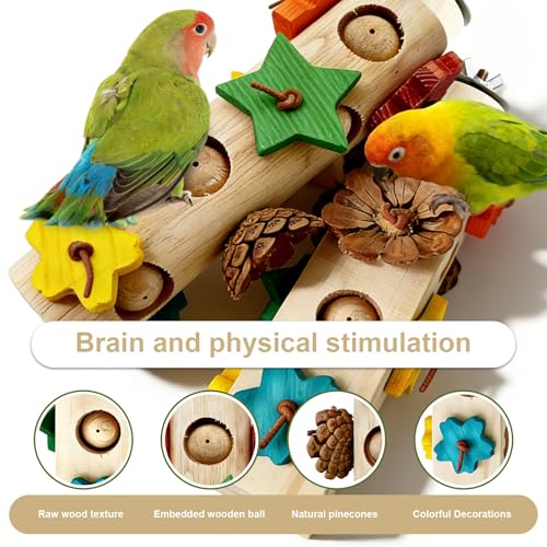 2 Pcs Wooden Bird Chew Toys(Round and Square) | with Colorful Wood Blocks Pine Cones Parakeet Chew Foraging Toy for Beak-Grinding,Cage Accessories - color: Colorful