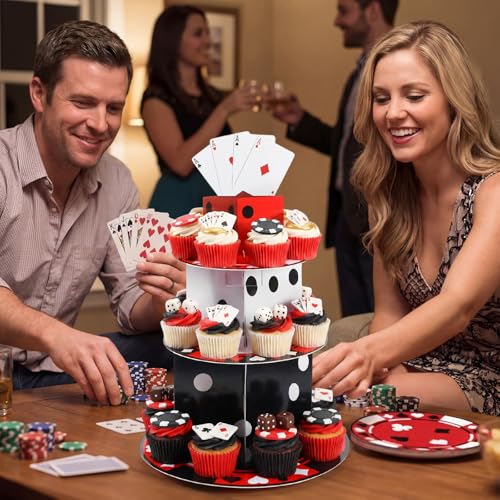 3 Tier Casino Party Decorations Casino Cupcake Stand Decoration Poker Dice Theme Cupcake Tower Poker Dice Cake Holder Table Display for Las Vegas Night Birthday Party Decoration Supplies - style: Casino