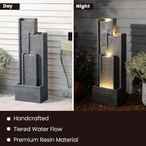 39" Modern Water Fountain Outdoor – Tiered Grey Rectangle Outdoor Waterfall Fountain with LED, Indoor Water Feature for Lawn Garden Porch or Backyard Decor, Resin patio water fountains outside - color: Gray-39 in