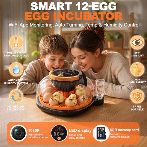 12-Egg Incubator for Hatching Chicken Eggs with WiFi Camera and Auto Turner | Built-in egg candler, temperature and humidity control, app monitoring and 8GB microSD for duck, quail and pigeon eggs.