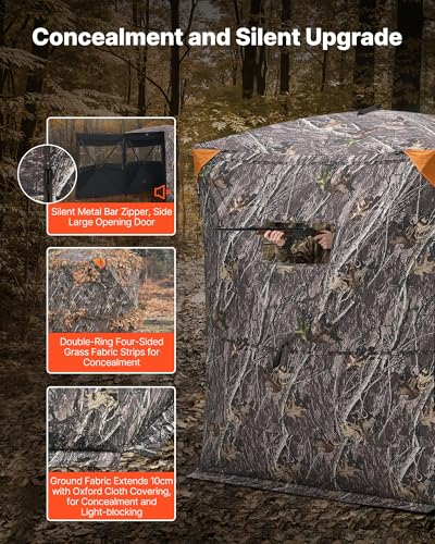 VEVOR Hunting Blind，See Through Ground Blinds with Carrying Bag, 360 Degree Portable Camouflage Tent，Durable Concealed Shelter with Silent Side Door and Window, for Turkey and Deer - size: 2-3 Person（Thermal）