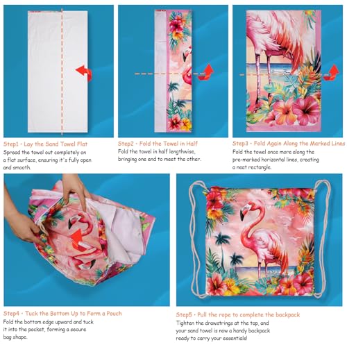 Summer Pink Beach Towel Backpack Bird Printed Drawstring Bag for Women Holiday Travel Picnic - color: Lovely Pink Bird