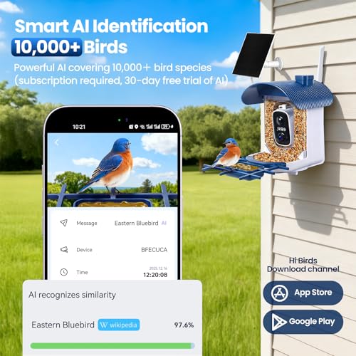 Smart Bird Feeder with Camera : 2K HD Video Live Stream, AI Birds Species Identification ＆ Instant Arrival Alerts, Solar Bird Feeder Camera for Outdoor Backyard - Ideal Gifts for Mom Dad Birdlovers - color: Blue