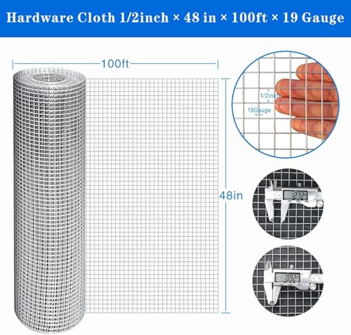 Hot-Dip Galvanized 1/2in Hardware Cloth 48x100ft 19G Chicken Wire Fencing | TUOKS Welded grid stays rigid; easily cut to shape around posts, rabbit enclosures, flower beds, and garden protection. - size: New 1/2 Inch 48in x 100ft