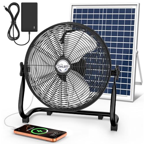 14" Solar Powered Fan with 20W Detachable Solar Panel, Black | Built-in Rechargeable Battery, Portable, 12 Speed, 360° Tilt for Outside, Camping, Greenhouse, Chicken Coop, Patio, gazebo - color: 14" Black