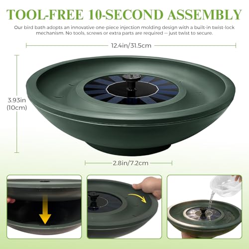 Solar Bird Bath with Fountain,12.4" Dark Green Birdbath for Outdoors,Tool-Free 10s Assembly,6 Spray Nozzles,Lightweight Plastic Water Feature for Garden Decor,Patio Gitf,Hummingbirds