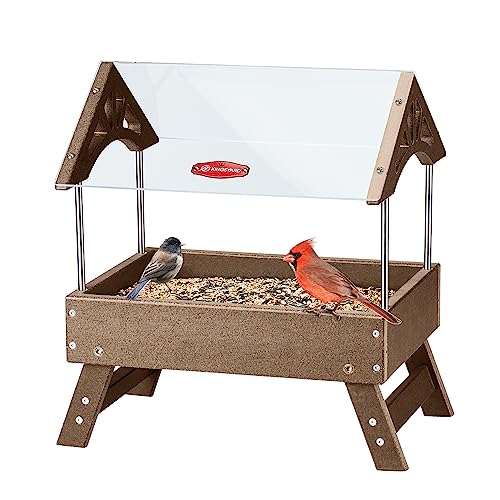 Kingsyard Covered Platform Ground Bird Feeder for Outdoors, Brown | Rain-Resistant Roof, Weather-Resistant Recycled Poly Lumber, Metal Mesh Bottom, Foldable Legs, Tool-Free Assembly - color: Brown