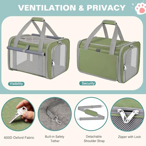 Cat Carrier Airline Approved Privacy Portable Top Load Pet Travel Bag | Soft Sided Pet Carriers for Small Cats Dogs Puppy up to 16 Lbs,Collapsible,Zipper Lock,Luggage Sleeve,2 Storage,Washable - color: Grass Green