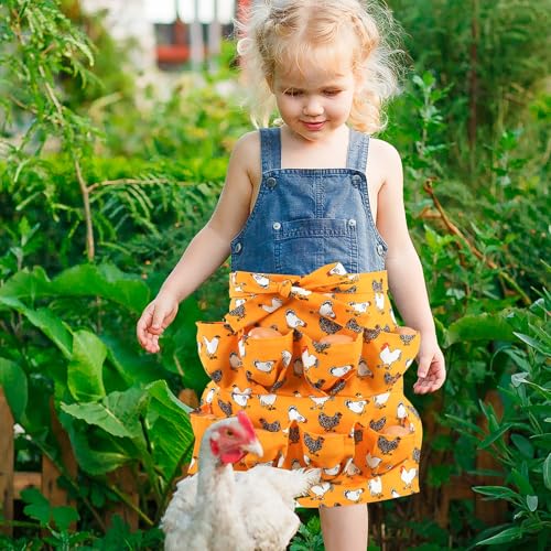 Egg Collecting Apron for Kids, Chicken Egg Apron with 8 Pockets, Eggs Aprons for Fresh Eggs for Hen, Duck, Goose - color: Yellow-flowered Chicken