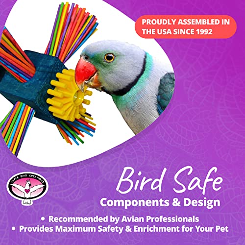 Super Bird Creations SB963 Twirl N' Whirl Bird Toy - Handcrafted Wooden Bird Stuff with Lollipop Sticks & Spinning Block - Relieves Boredom Peeling & Chewing for Parrots, Medium Sized Birds - 6.5"x4"