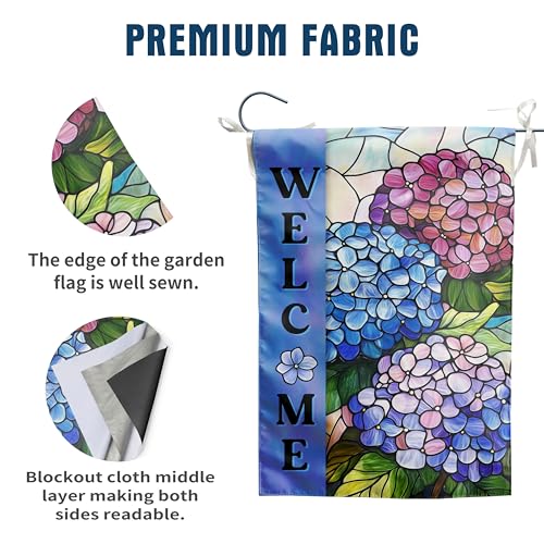 Hydrangea Spring Summer House Flag 28 x 40 Double Sided for Outside Stained Glass Flower Garden Decor Blue Floral Welcome Outdoor Yard Banner - color: hydrangea