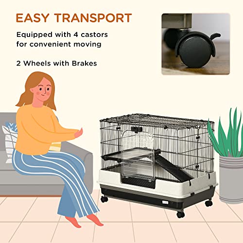 PawHut 26" Small Animal Cage with Wheels, 2-Level Portable Bunny Cage, Chinchilla Ferret Cage with Removable Tray, Platform and Ramp | Portable Chinchilla Ferret Cage, Platform, Ramp - size: 31.5"L x 20.8"W x 26.0"H