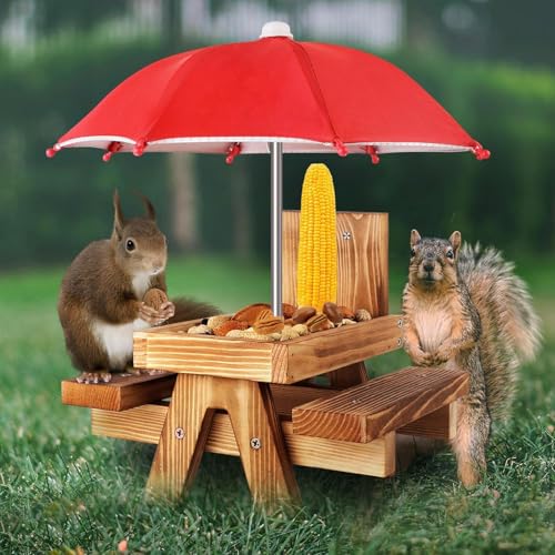 Gnodary Squirrel Feeder with Umbrella, Squirrel Feeders for Outside, Squirrel Picnic Table Feeder - Chipmunk Feeder Hold Corn, Corn Cob, Peanuts (Bright-Red) - color: Bright-Red