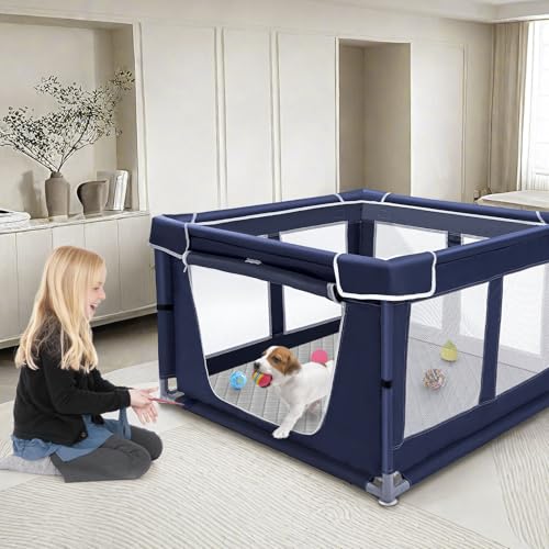42 × 42 inch Dog Playpen with Pee Pad, Soft Puppy Playpen, 25 Height Pet Playpen for Small Dogs and Small Animals, Dog Fence Indoor, Play Yard with Zipper Door - color: Royal Blue, style: 42inch Dog Playpen with Top and Pee Pad