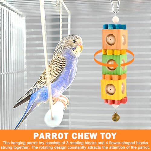 2Pcs Bird Chew Toys for Beak Grinding, Hanging Rotating Wood Block with Bell, Birds Cage Chewing Playing Training Toy for Cockatoos, Macaws, African Grey, Conures, Lovebirds(Wood)