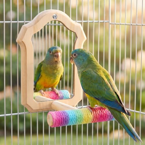 Bird Mirror for Cage Wooden Standing Birds-Mirror Bird Toys for Parakeets | Chewing Perch with Reflective Mirrors Wooden Swing Mirrors for Parrots Budgies Parakeets Cockatiels Lovebirds