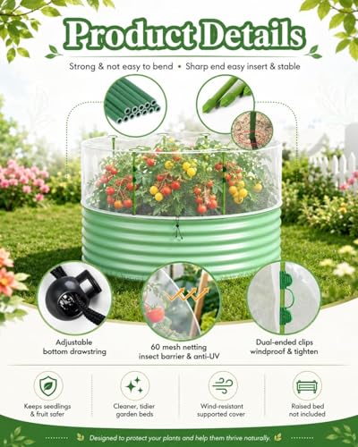 Garden Netting Kit for Raised Beds, 2.3 x 2.3 FT Fine Mesh Plant Cover with Support Stakes & 8 Clips, Wind-Resistant Insect Bird Barrier for Seedlings, Vegetables, Fruits & Patio Planters - size: 2.3×2.3 FT-Round Shape